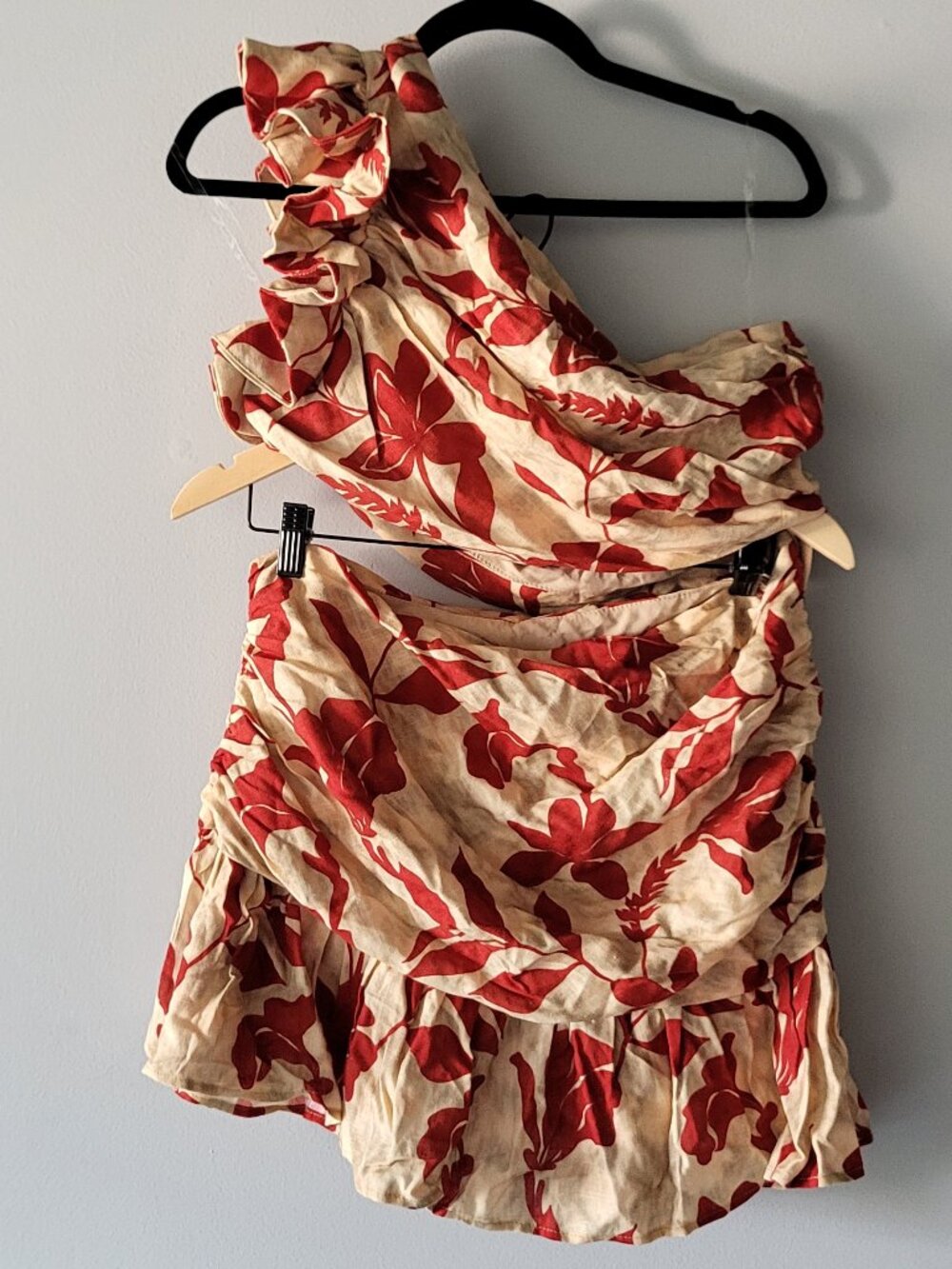 Peppermayo Maisie Red Green Floral Linen One-Shoulder Mini Dress Size 10 - Picture 5 of 9